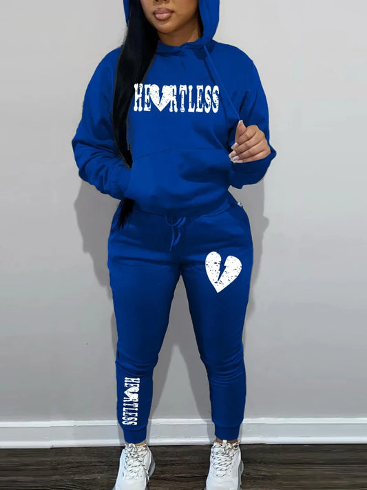 "Heartless" Heart Print Kangaroo Pocket Long Sleeve Hoodie + Sweatpants Ladies Tracksuit