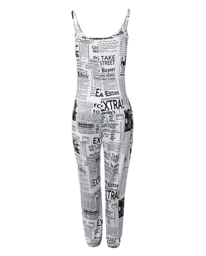 Ombre Gradient/Newspaper Printed V-Neck Spaghetti Strap Harem Pant Jumpsuit w/ Pockets