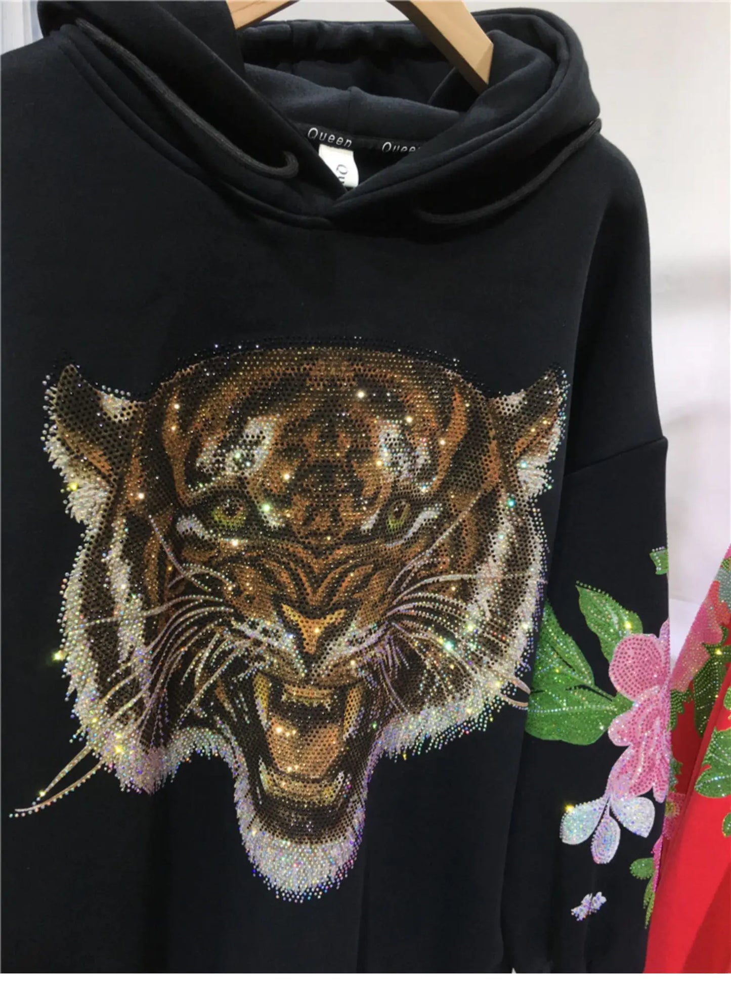 Sparkling 3D Rhinestone Fleece Padded Women's Leopard Tiger Hoodie Sweatshirt