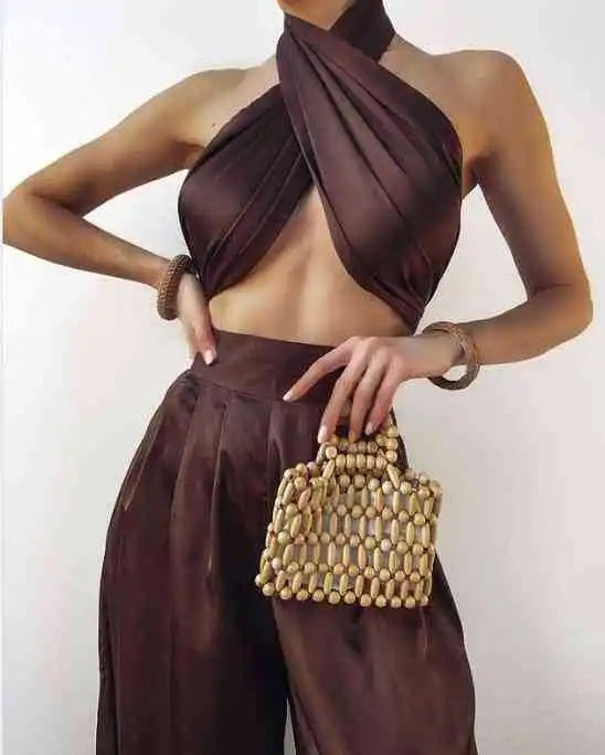 Bandage Slash Neck Bowtie Detail Strapless Crop Top + Wide Leg Pants Matching 2-Piece Set