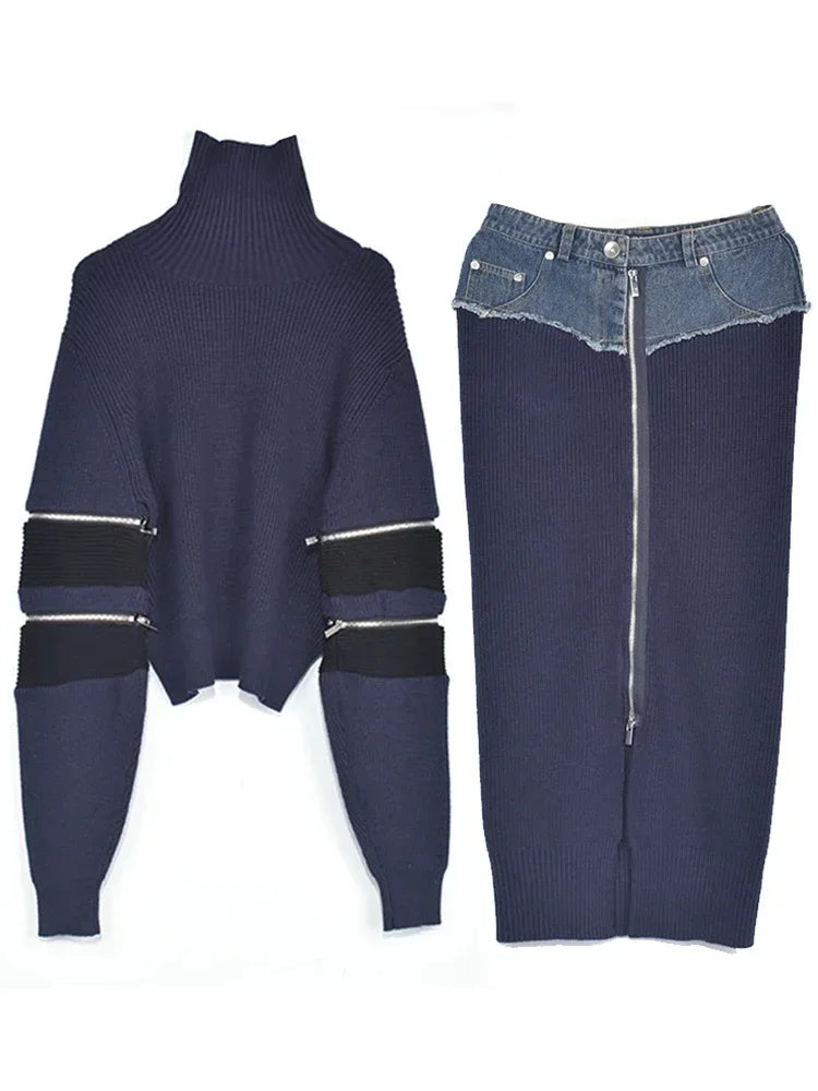 Turtleneck Zipper Detail Patchwork Navy Hollow-Out Long Sleeve Sweater + Denim Colorblock Zipper Skirt 2-Piece Set