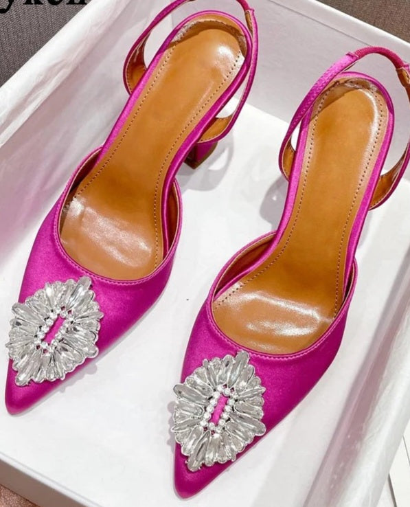 Silk Crystal Pendant Design Low Heel Slingback Mule Pumps