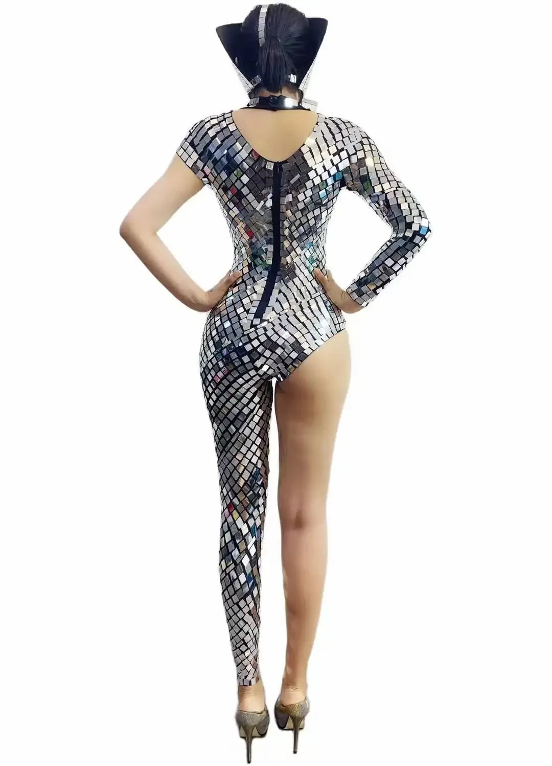 Mirror Metallic Hollow-Out One Leg Design Performance Costume Jumpsuits
