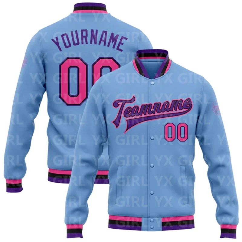 Customized Colorblock Personalized Light Blue w/ Pink/Black/Purple/Yellow 3D Letter Print Team Name Full-Snap Varsity Letterman Printed Baseball Button-Up Bomber Jacket