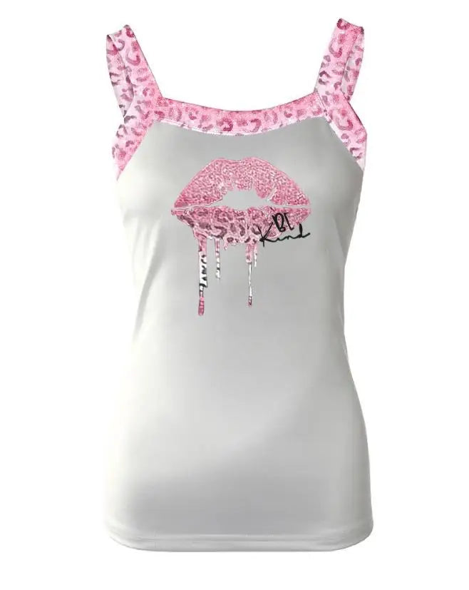 Splicing Pink Women's Leopard Shoulder Straps Lip Print Tank Top