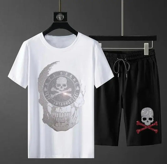 Rhinestone Skeleton w/ Crossbones Short Sleeve T-Shirt + Matching Drawstring Shorts Set