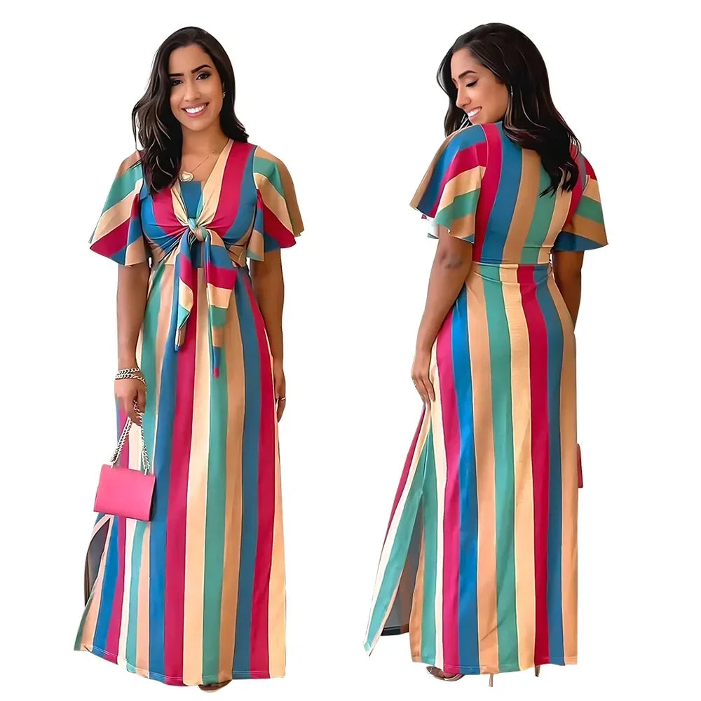 Rainbow Striped Hollow-Out Short Butterfly Sleeve Lace-Up Maxi Dress