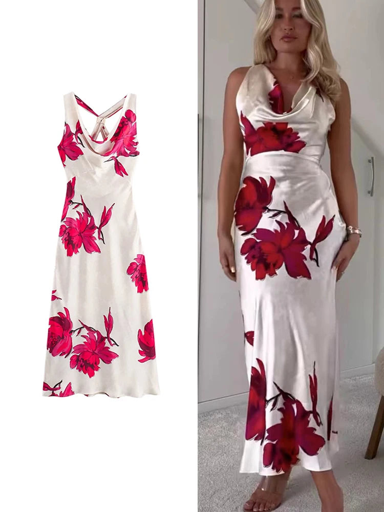 White/Red Rose Flower Print Pile Collar Sleeveless Backless Skinny Maxi Beach Dress