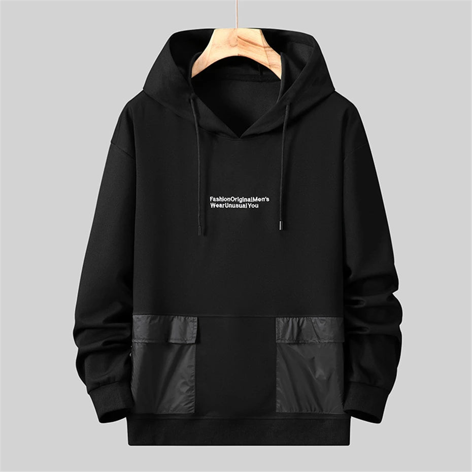 Men's Black Patchwork Pocketed Hoodie Sweatshirt + Matching Jogger Sweatpants Tracksuit