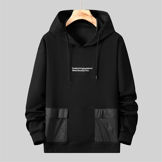 Men's Black Patchwork Pocketed Hoodie Sweatshirt + Matching Jogger Sweatpants Tracksuit