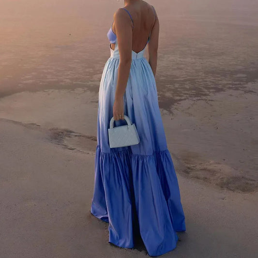 Gradient Tie-Dye Ombre Spaghetti Strap V-Neck Hollow-Out Backless Flared Ruffled Sleeveless Maxi Dress
