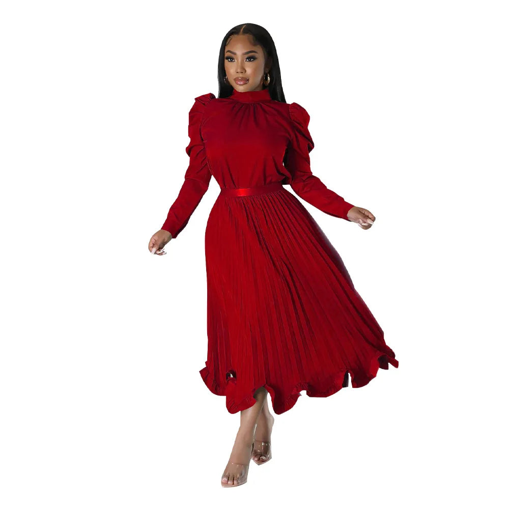 Women’s Solid Color O-Neck Lantern Sleeve Blouse + A-Line Flounce Formal Pleated Maxi Skirt w/ Sash Belt 2-Piece Set
