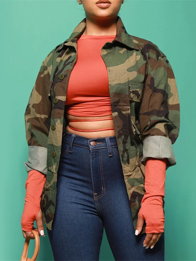 Camoflauge Print Cargo Pocketed Long Sleeve Oversized 3/4 Women's Coat