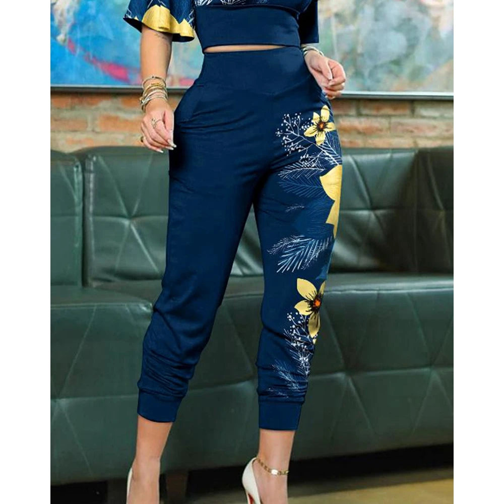 Floral/Solid Printed O-Neck Bell 1/2 Sleeve Crop Top & Elastic High Waist Pencil Skinny Pants 2-Piece Set