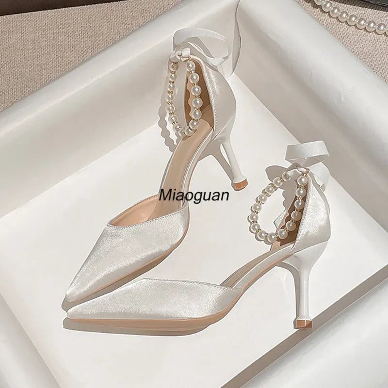 Silk Stiletto Pearl Ankle Bow Strap Bridal Wedding Pumps