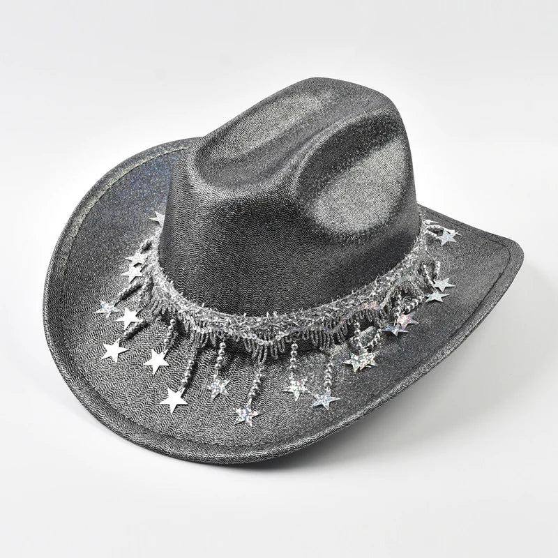 Sequin Rhinestone Metallic Tassel Fringe Women's Cowgirl Fedora Hat