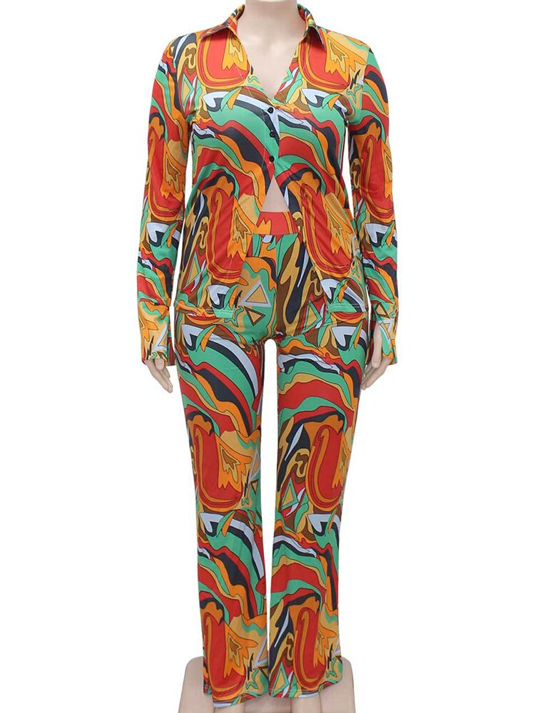 Swirl Design Long Sleeve Shirt + Flare Pant Suit to 5X