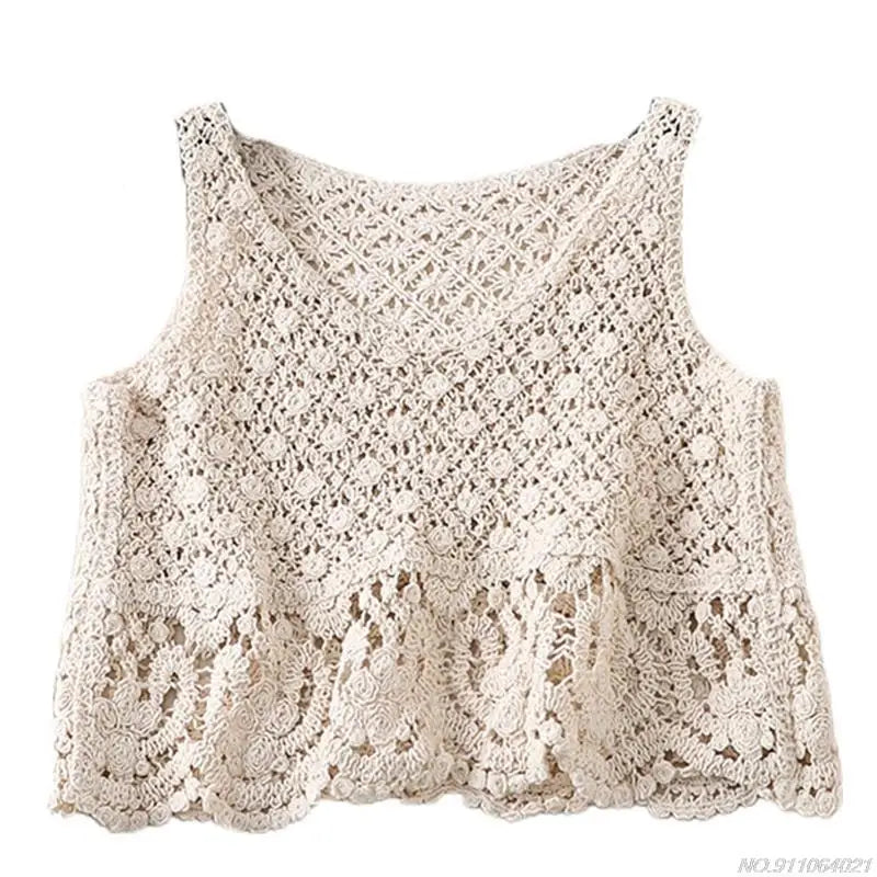 Crochet Multi-Colored Square Flower Design Knitted Square Neck Women's Sleeveless Cropped Tank Top