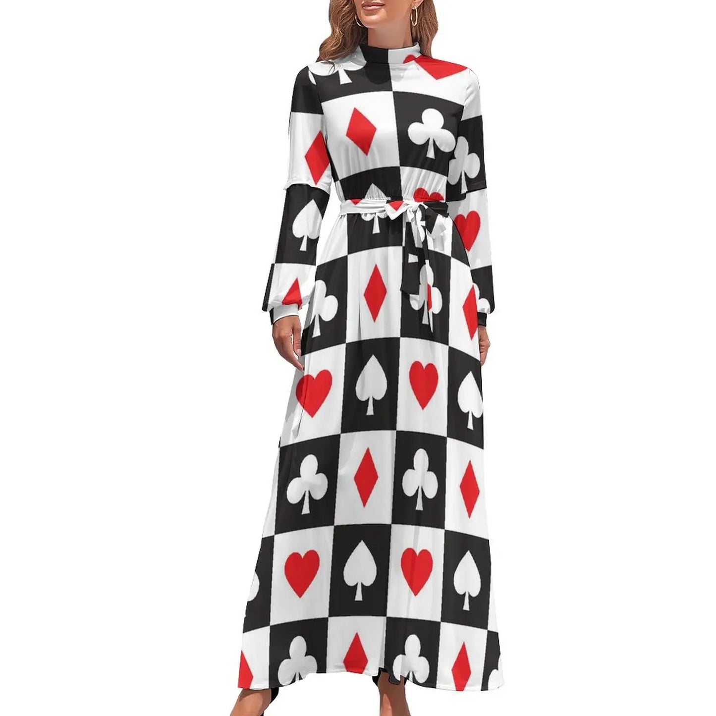 Turtleneck Heart Playing Card Print Long Sleeve Maxi Dress w/ Sash Belt