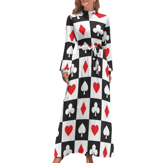 Turtleneck Heart Playing Card Print Long Sleeve Maxi Dress w/ Sash Belt