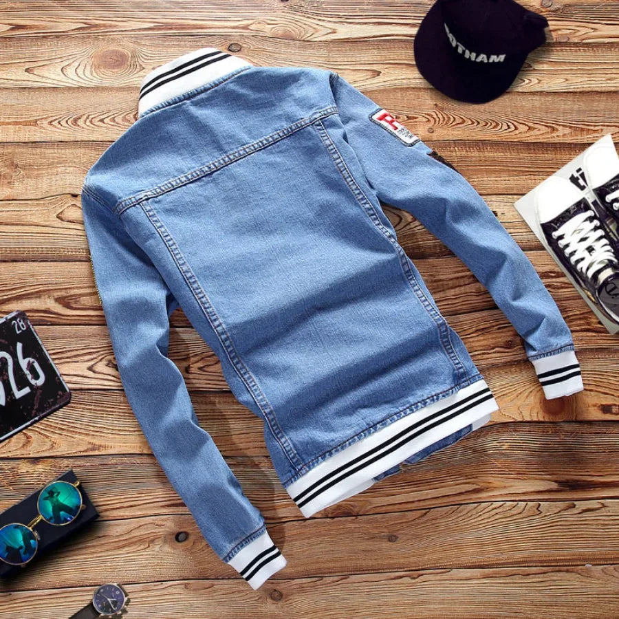 Striped Men's Denim Ripped Windbreaker Cowboy Jean Jacket