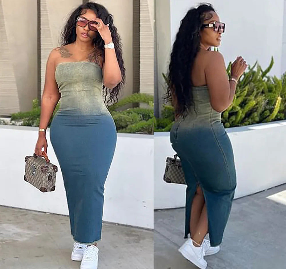 Gradient Colorblock Denim Sleeveless Backless Skinny High Slit Maxi Tube Jean Dress