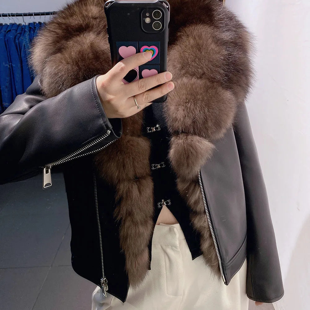 Fox Fur Collar Genuine Leather Women's Zipper Streetwear Jacket