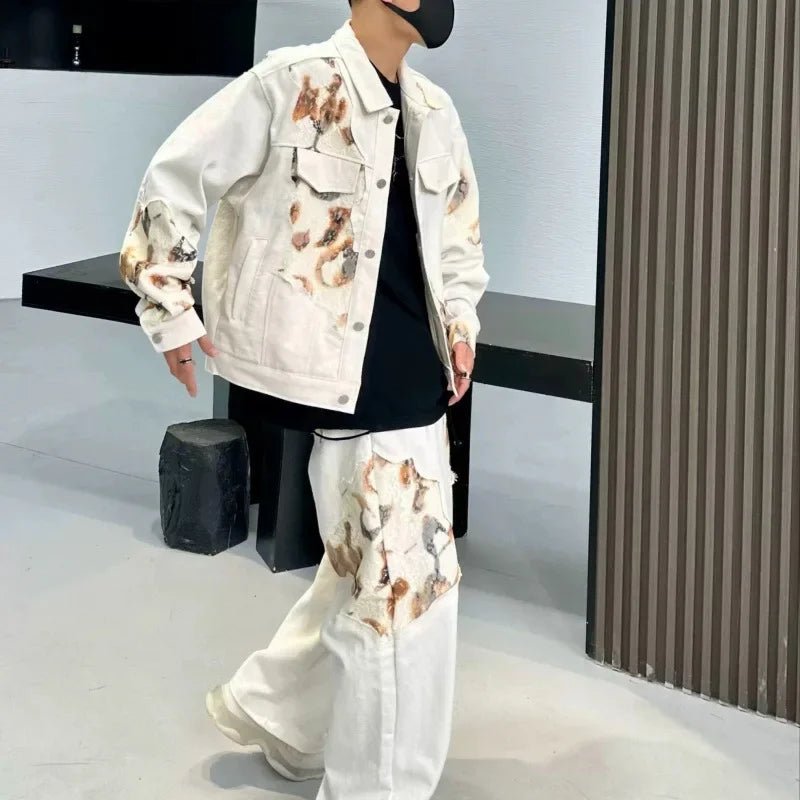 Men's White/Brown Tie-Dye Fire Print Spliced Design Cropped Jean Jacket + Baggy Straight Leg Jeans 2-Piece Set