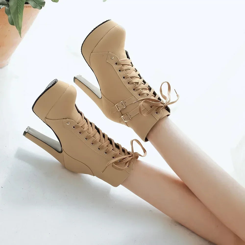 Buckle Strap Detail Women's Solid Color Thick Sole Lace-Up Stiletto Heel Ankle Boots