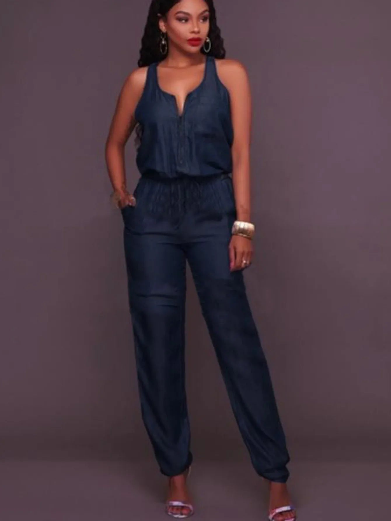 Denim Lightweight Ruched V-Neck Sleeveless Zipper Jean Jumpsuit
