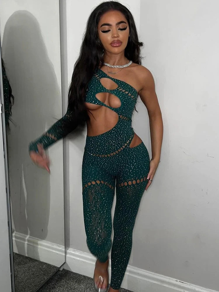 Sparkling Rhinestone Cuff Hollow-Out High Elastic Luminous Solid Color Jumpsuit