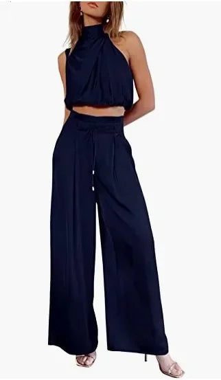Sleeveless Turtleneck Ruched Crop Top + Bell Bottom Wide Leg Women's Pants 2-Piece Set