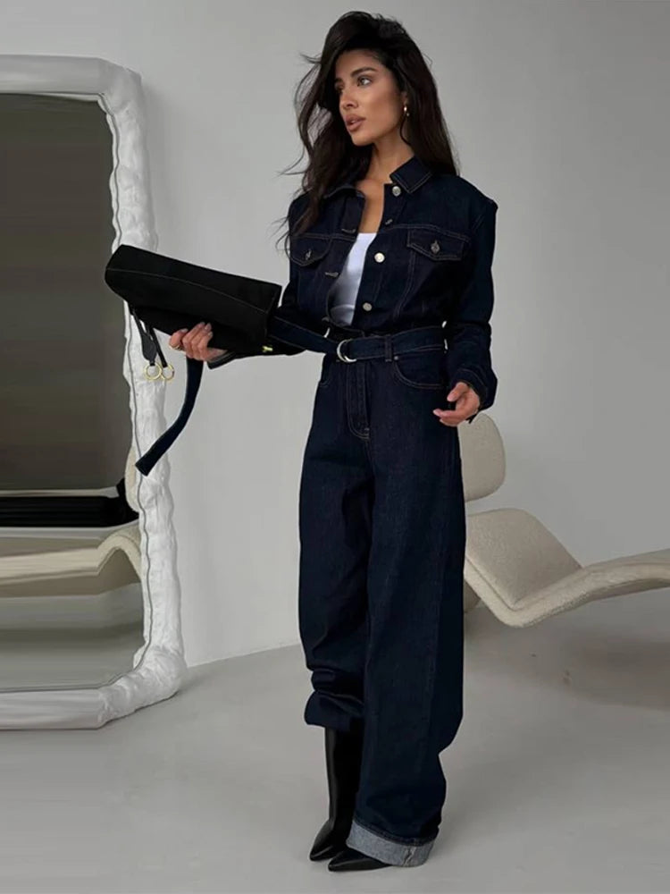 Denim Women's Button Front Turn-Down Collar Lace-Up Long Sleeve Wide Leg Streetwear Jumpsuit