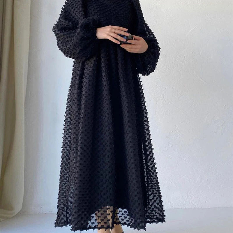 Solid Round Neck Lantern Long Sleeve Big Swing  A-Line Dress