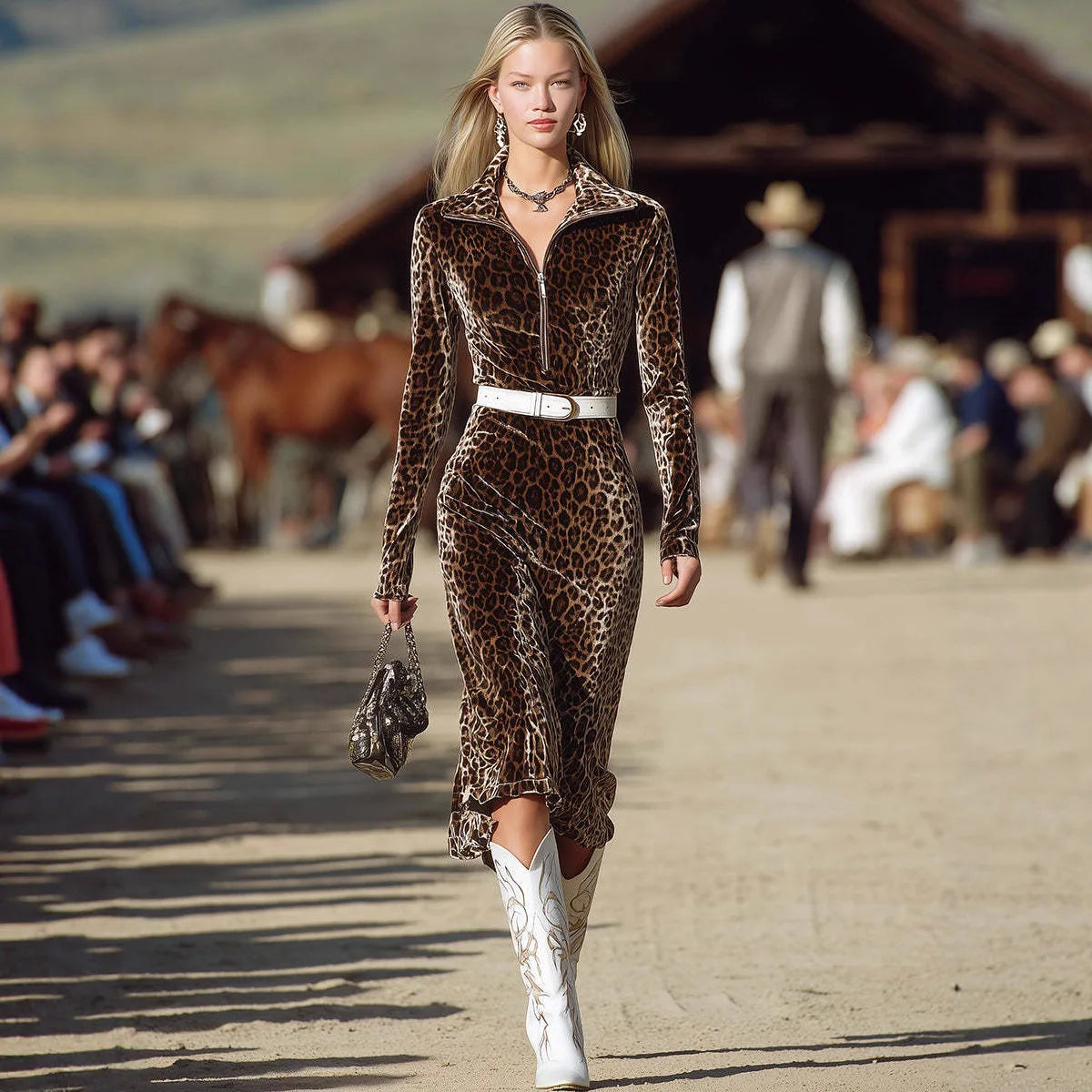 Velvet Leopard Print Belted Turn-Down Collar Long Sleeve Zipper Maxi Dress