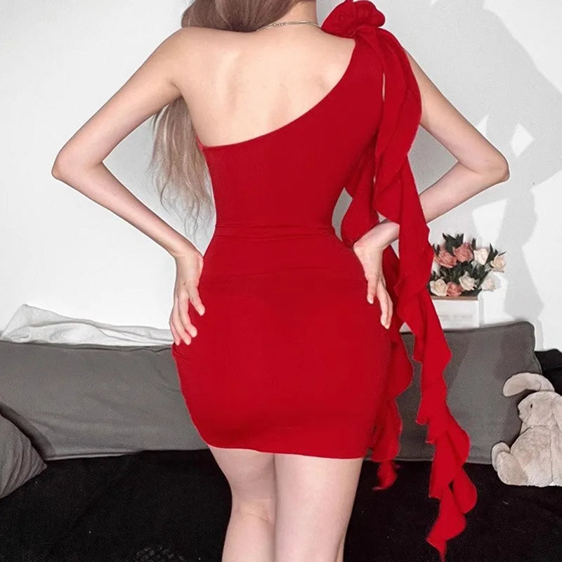 Red Oblique One Shoulder Sleeveless Ruched Ribbon Skinny Asymmetrical Backless Dress