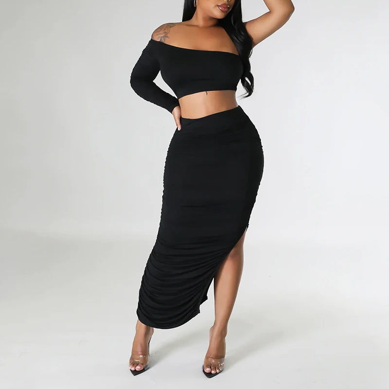 Asymmetrical One Shoulder Solid Backless Long Sleeve Crop Top + Bandage Shirred Draped Ruched High Slit Maxi Skirt 2-Piece Set