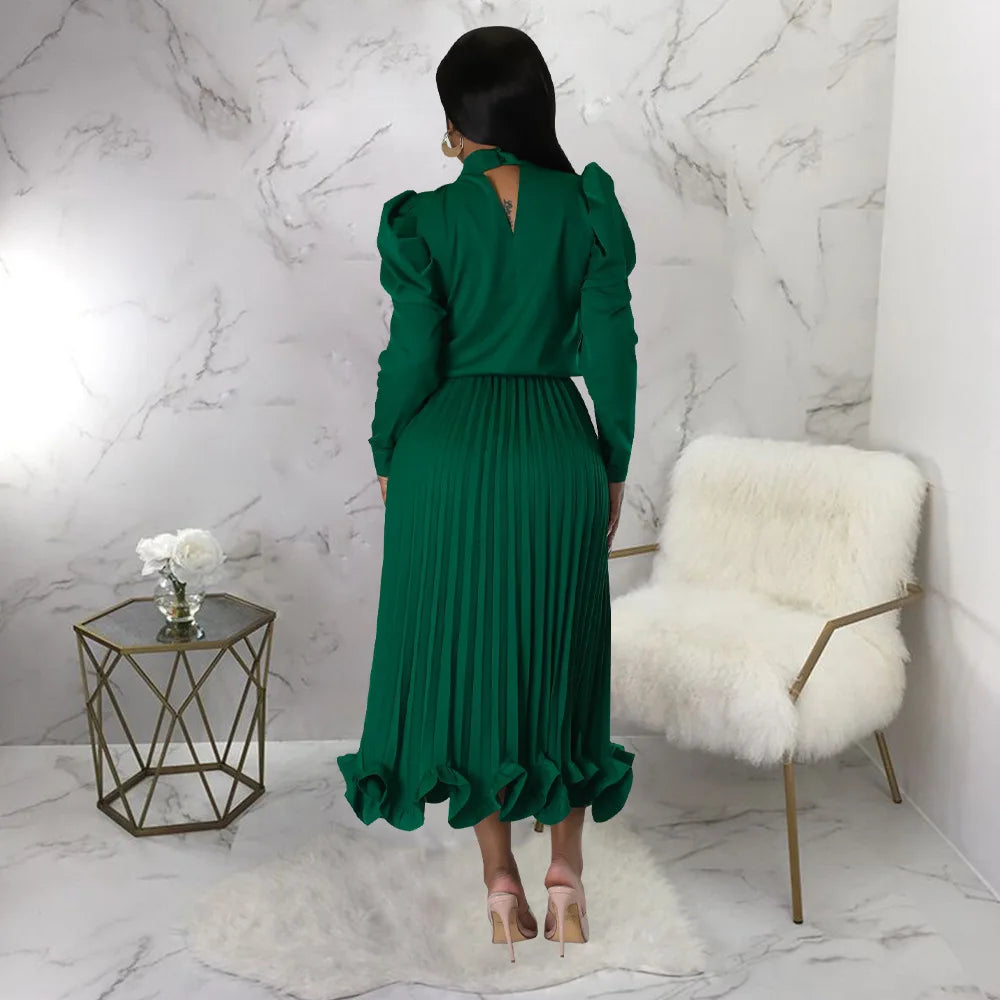 Women’s Solid Color O-Neck Lantern Sleeve Blouse + A-Line Flounce Formal Pleated Maxi Skirt w/ Sash Belt 2-Piece Set