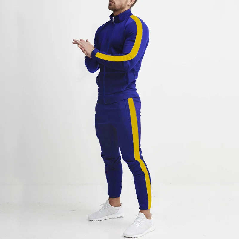 Men's Striped Mandarin Collar Fitness Zipper Jacket + Skinny Side Striped Jogger Sweatpants Tracksuit