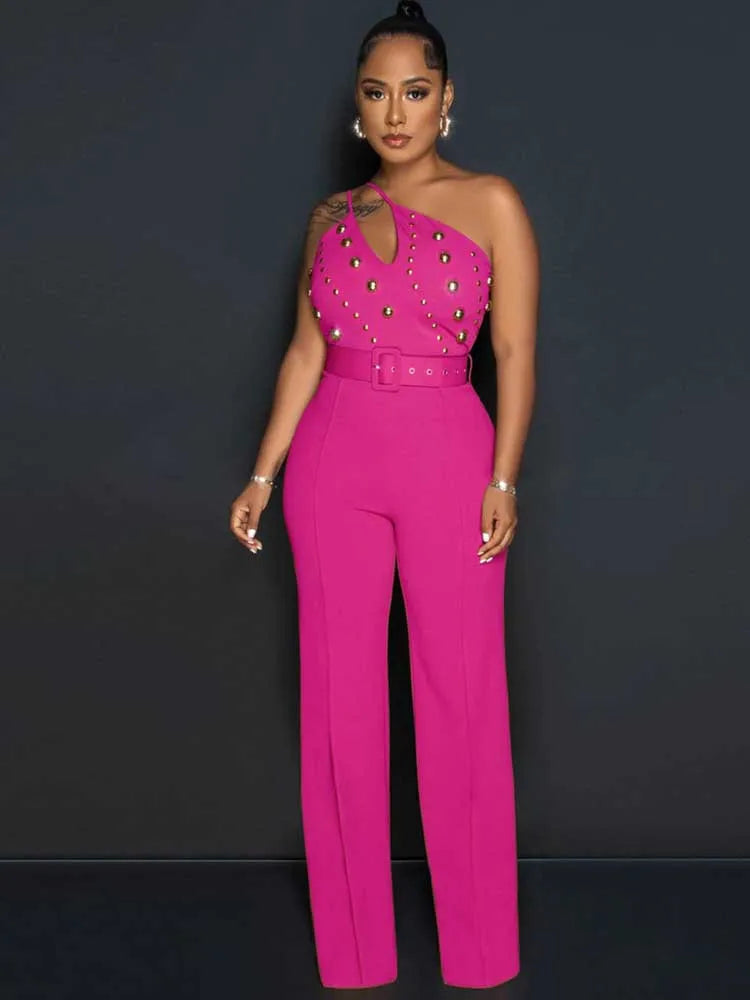 Stud Hollow-Out Design Sleeveless Asymmetrical One Shoulder Women's Backless Party Jumpsuit