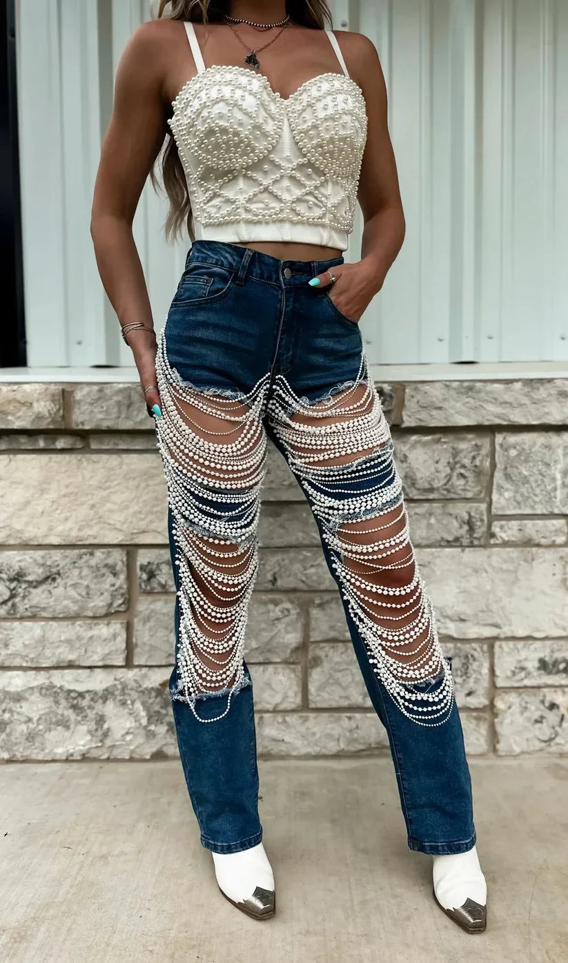 Denim Pearl Tassel Chain Embroidered Long Sleeve Women’s Turn-Down Collar Western Rodeo Jean Jacket OR Jeans-SOLD AS SEPERATES