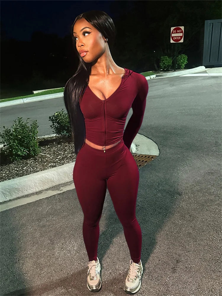 Bodycon Solid Color Women's Crop Zipper Fitness Hoodie Jacket + Workout Leggings Skin Tight Tracksuit