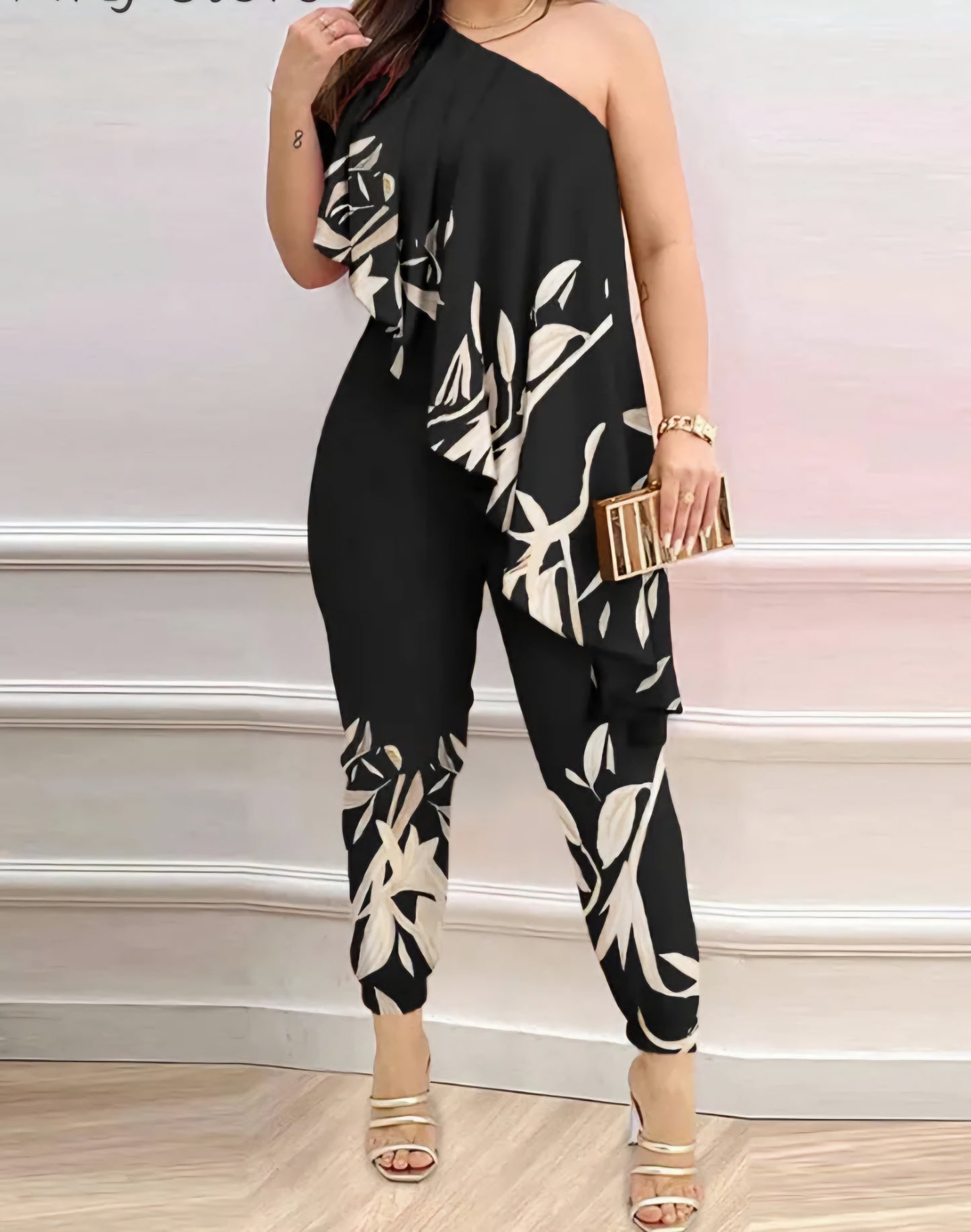 Solid/Printed One Shoulder Asymmetrical Ruffled Party Jumpsuit