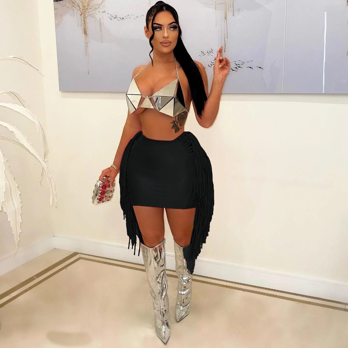 Hanging Fringe Tassel Design Bodycon Women's Solid Color Mini Skirts