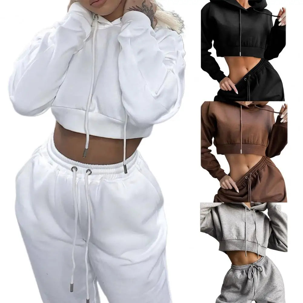 Solid Crop Hoodie Sweatshirt + Drawstring Jogger Sweatpants Ladies Tracksuit