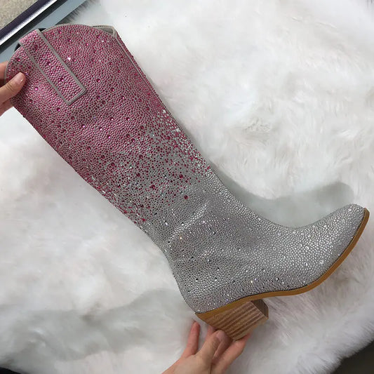 Rhinestone Silver/Hot Pink Gradient Glitter Ombre Pointed Toe Knee-High Western Cowgirl Block Heel Boots