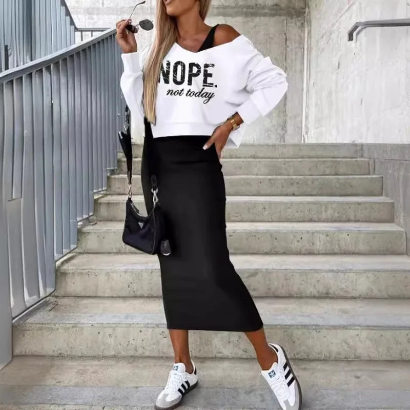 "NOPE NOT TODAY"/Colorblock Plaid/Solid Color Off-the-Shoulder Long Batwing Sleeve Sweatshirt + Skinny Knitted Maxi Skirt 2-Piece Set