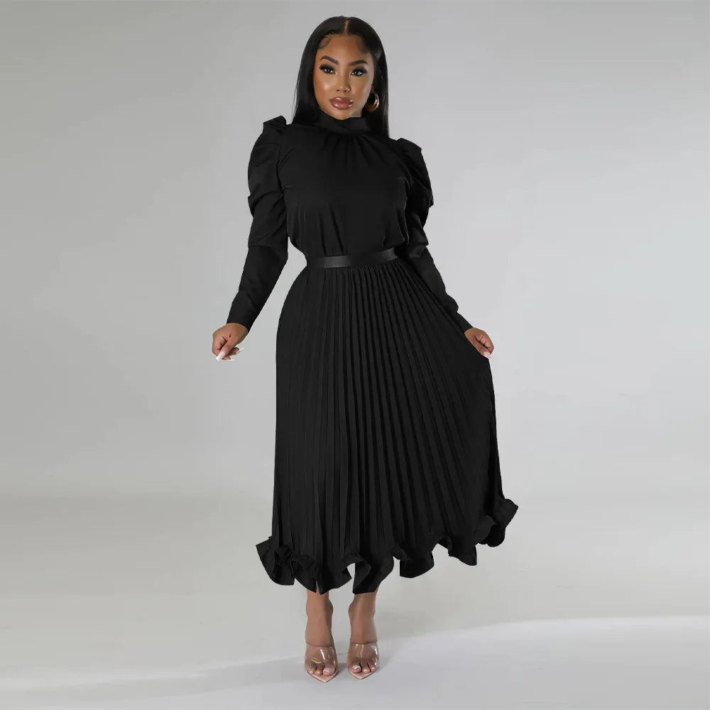 Women’s Solid Color O-Neck Lantern Sleeve Blouse + A-Line Flounce Formal Pleated Maxi Skirt w/ Sash Belt 2-Piece Set