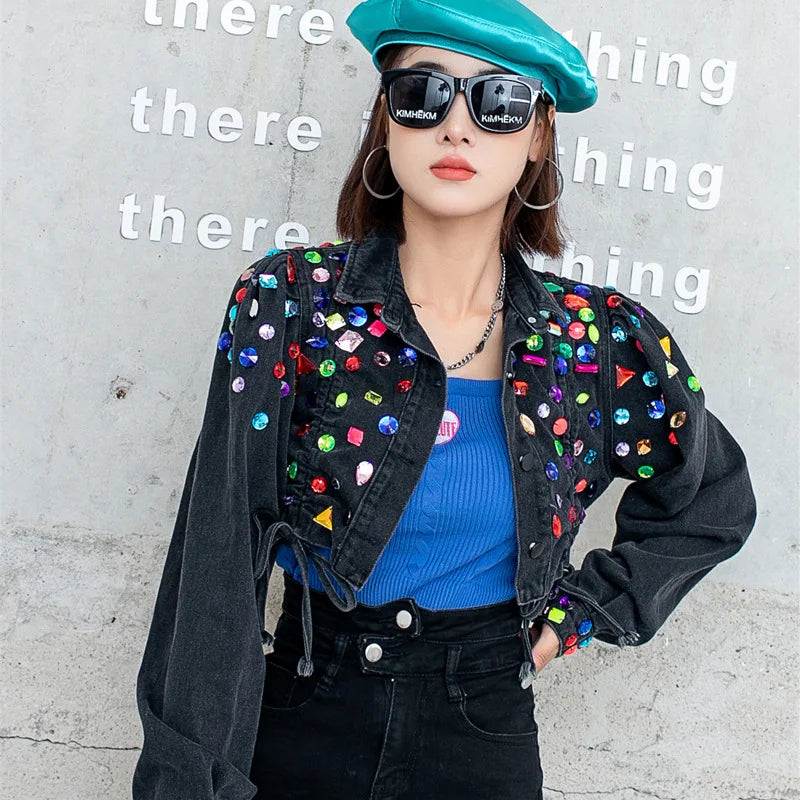 Retro Rhinestone Embellished Women's Denim Jean Jacket