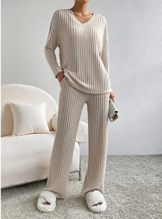 Solid Knitted Ribbed Long Sleeve V-Neck Ladies Top + Matching Leggings 2-Piece Loungewear Set